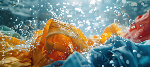 Washing machine or detergent with floating clothes under water with bubbles and wet splashes