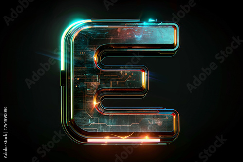Futuristic 3D uppercase typography, alphabet letter E with metal texture and glowing LED lights isolated on dark background, beautiful unique font design for poster, logo, science fiction movie etc.