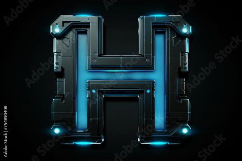 Futuristic 3D uppercase typography, alphabet letter H with metal texture and glowing LED lights isolated on dark background, beautiful unique font design for poster, logo, science fiction movie etc.