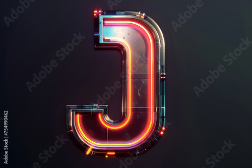 Futuristic 3D uppercase typography, alphabet letter J with metal texture and glowing LED lights isolated on dark background, beautiful unique font design for poster, logo, science fiction movie etc.