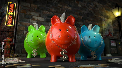 Die Sparschwein Bande - drei Sparschweine mit Dollar-Kette um den Hals stehen auf dunkler Straße mit Schild "Piggy Bank" und Geld liegt auf Straße