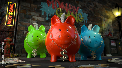 Die Sparschwein Bande - drei Sparschweine mit Dollar-Kette um den Hals stehen auf dunkler Straße mit Schild "Piggy Bank" plus Graffiti "Money Gang" auf Hauswand und Geld liegt auf Straße