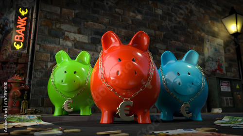 Die Sparschwein Bande - drei Sparschweine mit Euro-Kette um den Hals stehen auf dunkler Straße mit Schild "Bank" und Geld liegt auf Straße