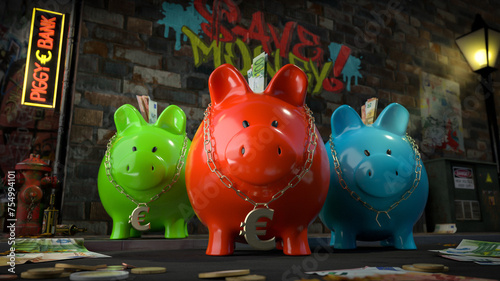Die Sparschwein Bande - drei Sparschweine mit Euro-Kette um den Hals stehen auf dunkler Straße mit Schild "Piggy Bank" plus Graffiti "Save Money" auf Hauswand und Geld liegt auf Straße
