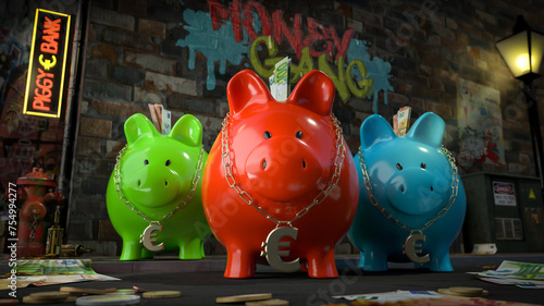 Die Sparschwein Bande - drei Sparschweine mit Euro-Kette um den Hals stehen auf dunkler Straße mit Schild "Piggy Bank" plus Graffiti "Money Gang" auf Hauswand und Geld liegt auf Straße