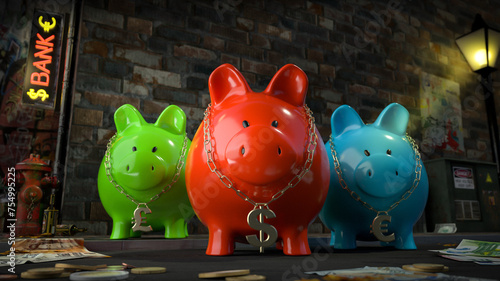 Die Sparschwein Bande - drei Sparschweine mit Dollar-Euro-Pfund-Kette um den Hals stehen auf dunkler Straße mit Schild "Bank" und Geld liegt auf Straße