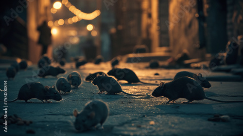 A lot of starving rats waiting to be fed up, looking for food on the abandoned streets in the middle of the night