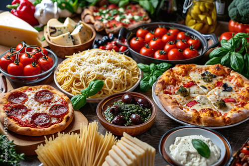 Variety of Italian food. Full table of Italian specialties pizza, pasta, different cheese, tomato, olives. 