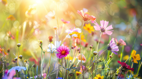 Vibrant wildflowers glow in the warm golden light of a setting sun, creating a peaceful natural scene. 