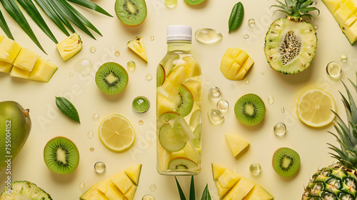 A clear bottle filled with fruit-infused water surrounded by an assortment of tropical fruits on a bright background