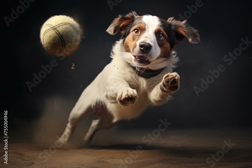 Energetic Dog catching ball. Running white pedigree playing ball. Generate ai