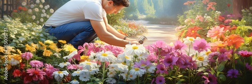 Gardener planting spring and summer flowers in his backyard, home decorating with flowers, banner
