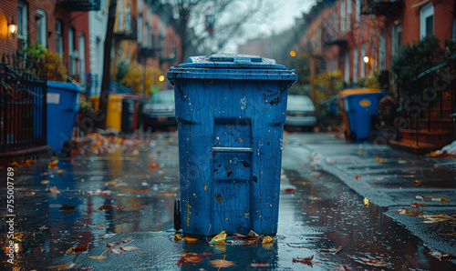 Blue trash can is left on the street after rain storm in New York City.