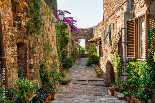 Scenic sight in the village of Campiglia Marittima, on a sunny summer afternoon. In the Province of Livorno, in the Tuscany region of Italy.