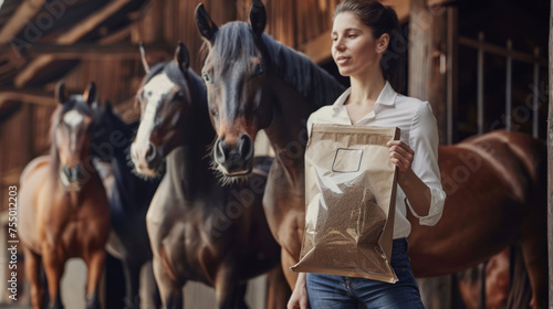 A professional young woman showcases a clear feed bag in a stable environment, illustrating equine care