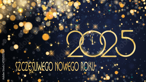 karta lub baner z życzeniami szczęśliwego nowego roku 2025 w złocie ze złotymi kółkami i brokatem z efektem bokeh na niebieskim tle