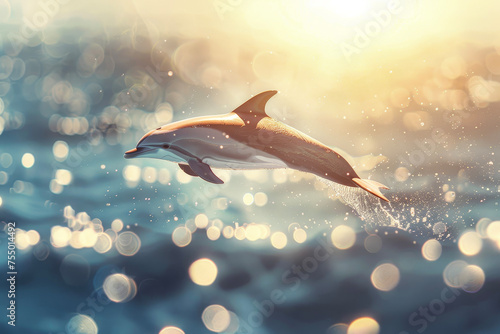 A playful dolphin leaps out of an invisible ocean, its flippers reaching for the sun. Water droplets sparkle around it.