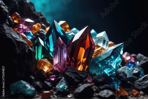 multicolored crystals shines against an abyssal backdrop