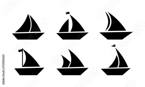 Set of sail boat vector icons. Black silhouette with sailboat. Nautical yacht or sailboat.