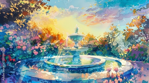 a romantic colorful garden with a fountain pond, blue sky, beautiful sundown