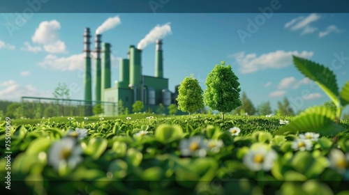 Green Factory - 3D Rendering of an Eco-Friendly Industry Concept on a Spring Meadow with Blue Sky in the Background. A Sustainable Technology for a Cleaner and Greener Future