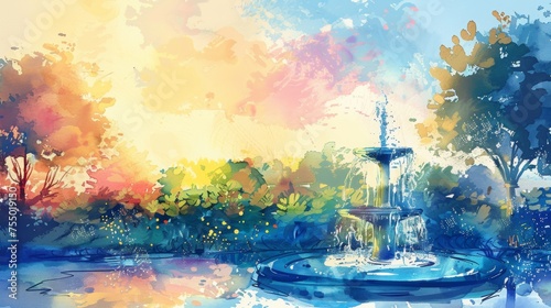 a romantic colorful garden with a fountain pond, blue sky, beautiful sundown