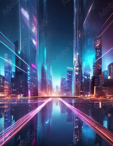 urban architecture, cityscape with space and neon light effect. Modern hi-tech, science, futuristic technology concept. Abstract digital high tech city design for banner background