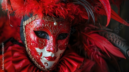 Mysterious venetian masquerade mask in vivid red. intricate carnival design. enigmatic look concealed by ornate mask. festive costume, cultural event representation. AI