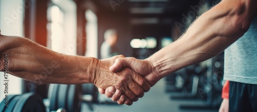 Fitness partners shaking hands as a gesture of teamwork and commitment in the gym