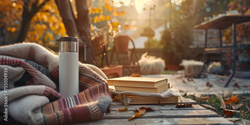 Comfortable blankets and a book create a serene autumn reading nook in a backyard at golden hour