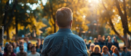 Back view of a speaker engaging an attentive outdoor audience