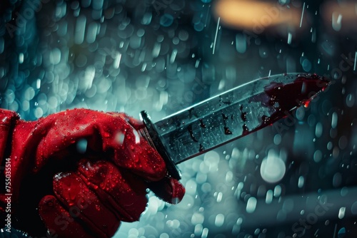 Close up of a rain drenched knife in a red glove ideal for a high stakes thriller movie poster