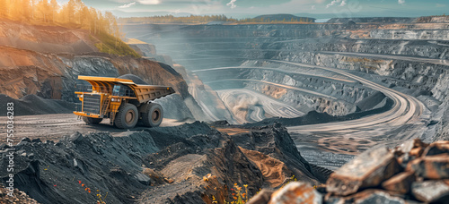 Mining Sunset Panorama. A vast open-pit mine under the warm glow of a setting sun, with a large mining truck in the foreground, driving on the dusty trail