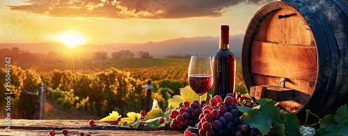 Wine bottles and glasses with grapes ripe and barrel in rural scene at sunset