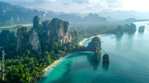 A photo of the Phi Phi Islands, with towering limestone cliffs as the background