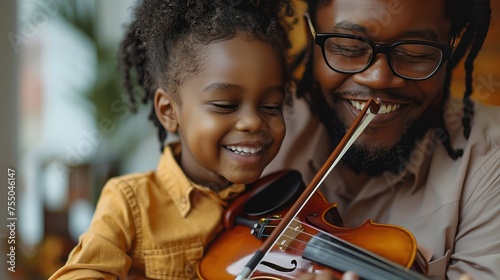 music is so much fun young father teaching his little daughter to play violin and smiling 