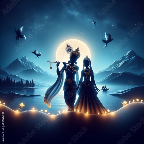 A Beautiful illustration of Lord Krishna playing flute for the Radha Rani under the Moonlight. 