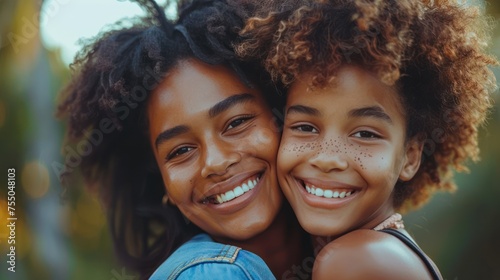 african american woman hugging her smiling teen daughter family love single parent child concept 