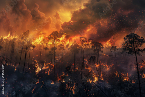 A forest fire, caused by drought and human negligence, destroying the trees and wildlife