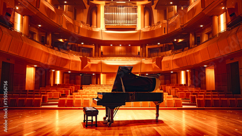 Grand Piano on Stage in Concert Hall.