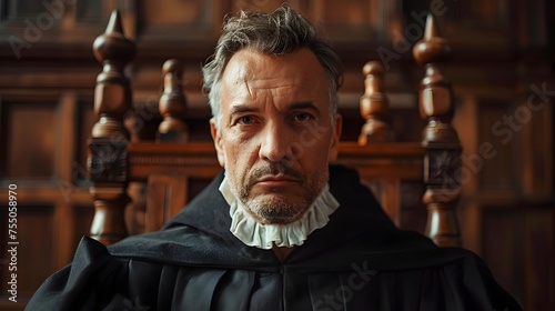 Baroque-Inspired Judge Portrait, This image can be used to convey a sense of justice, law, and courtroom drama in various contexts such as