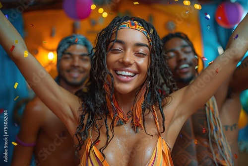 Three diverse individuals come together in jubilation, celebrating on a vibrant beach party amidst a flurry of spraying colors and confetti, embodying joy, diversity, and shared moments of revelry