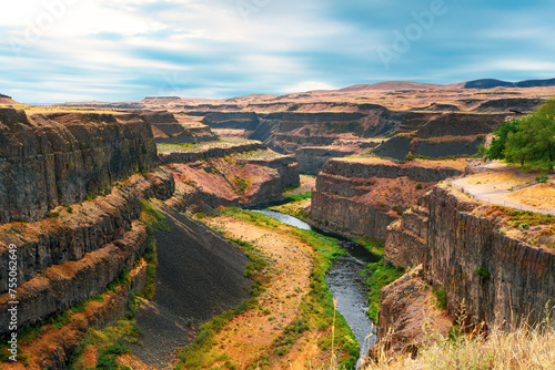 The deep wide canyon gorge of the Palouse River at Palouse Falls State park in Washington state USA. 