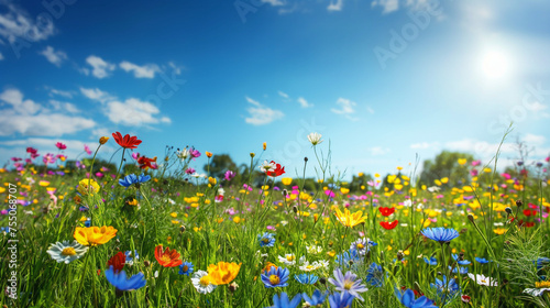 Colorful Wildflower Meadow, Bright Blue Sky, Summer Day