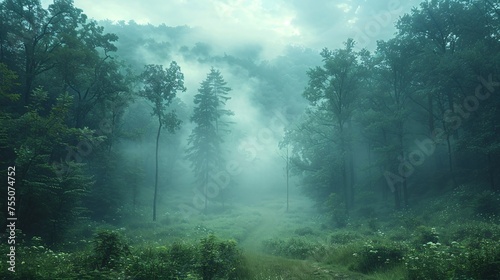 Misty forest with lush green foliage and a subtle sunbeam shining through the canopy