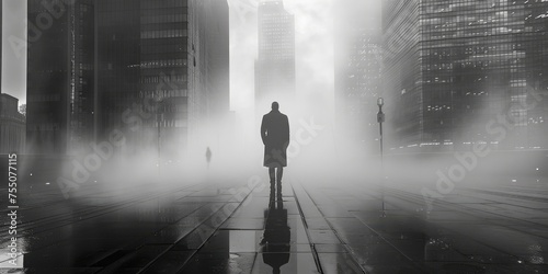 The man on the building, urban setting, skyscraper backdrop, dramatic lighting, mysterious silhouette