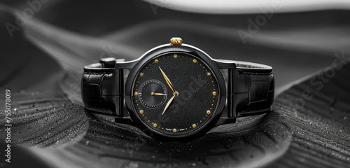 Delicate pastel monochrome black mockup gold luxury wristwatch background with fire black luxury wristwatch and black sand dune on a black background