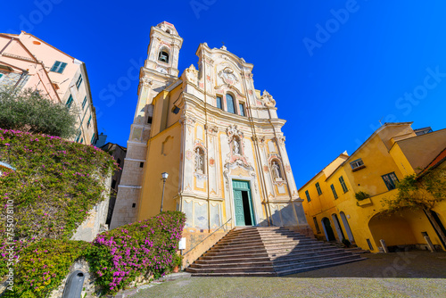 The 17th century Church of San Giovanni Battista rising above the medieval hill town of Cervo, Italy, in the Ligurian region of Northwest Italy.