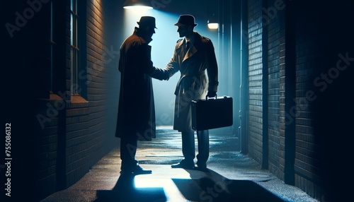 A noir-themed photo capturing corporate espionage with a shadowy figure in a trench coat discreetly exchanging information, embodying mystery and tension