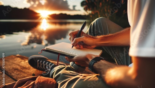 A person writing in a notebook by a lake at sunset captures a moment of inspiration or contemplation, blending natural beauty with creative pursuit.